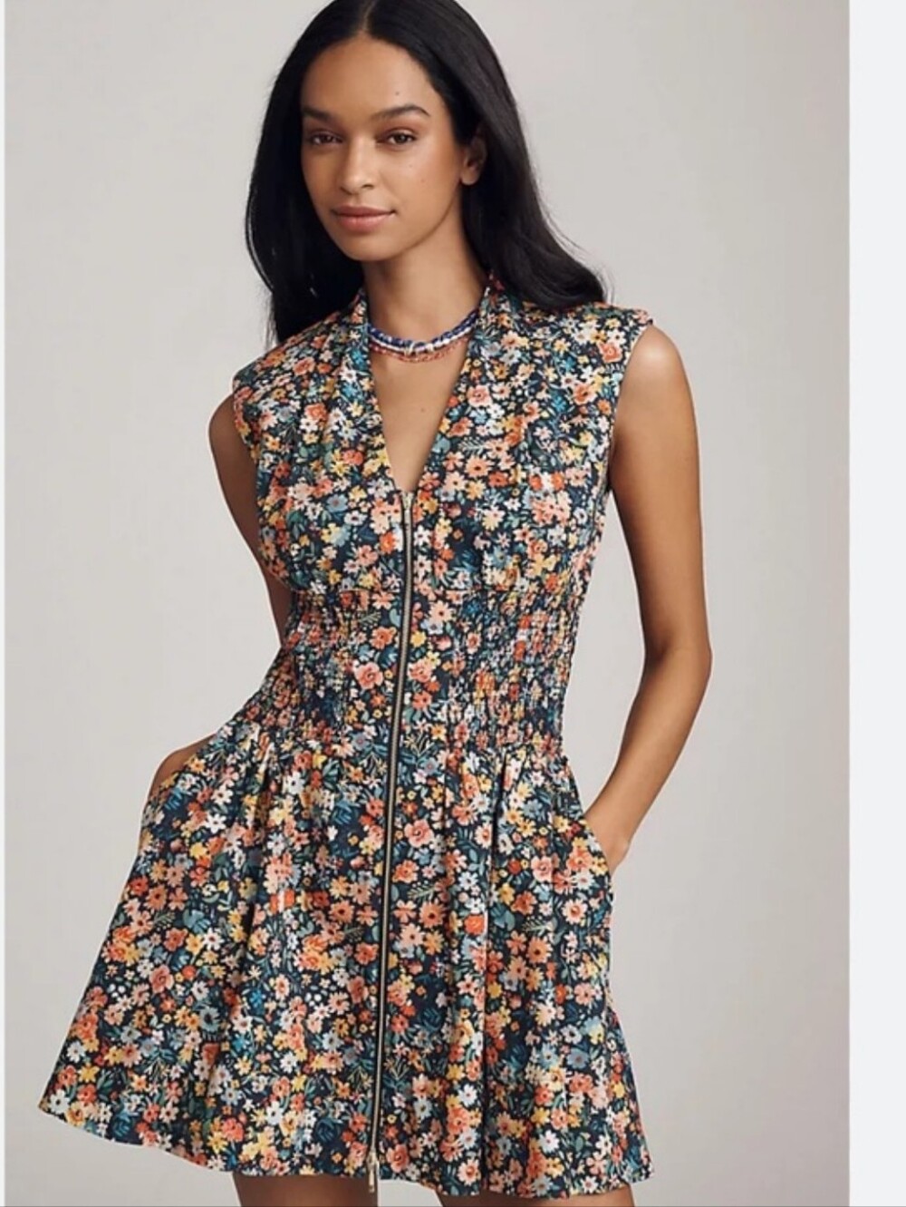 Anthropologie Navy Floral Zip-Front Mini Dress with Peach Blooms